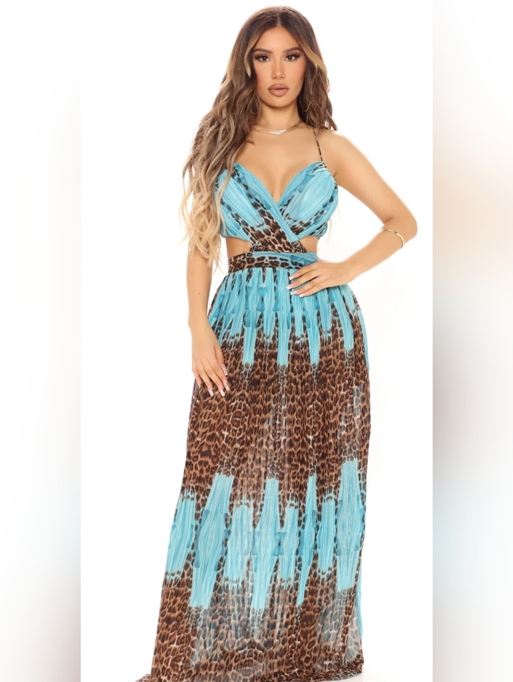 Fashion Nova Turquoise and Brown Leopard Print Maxi Dress
